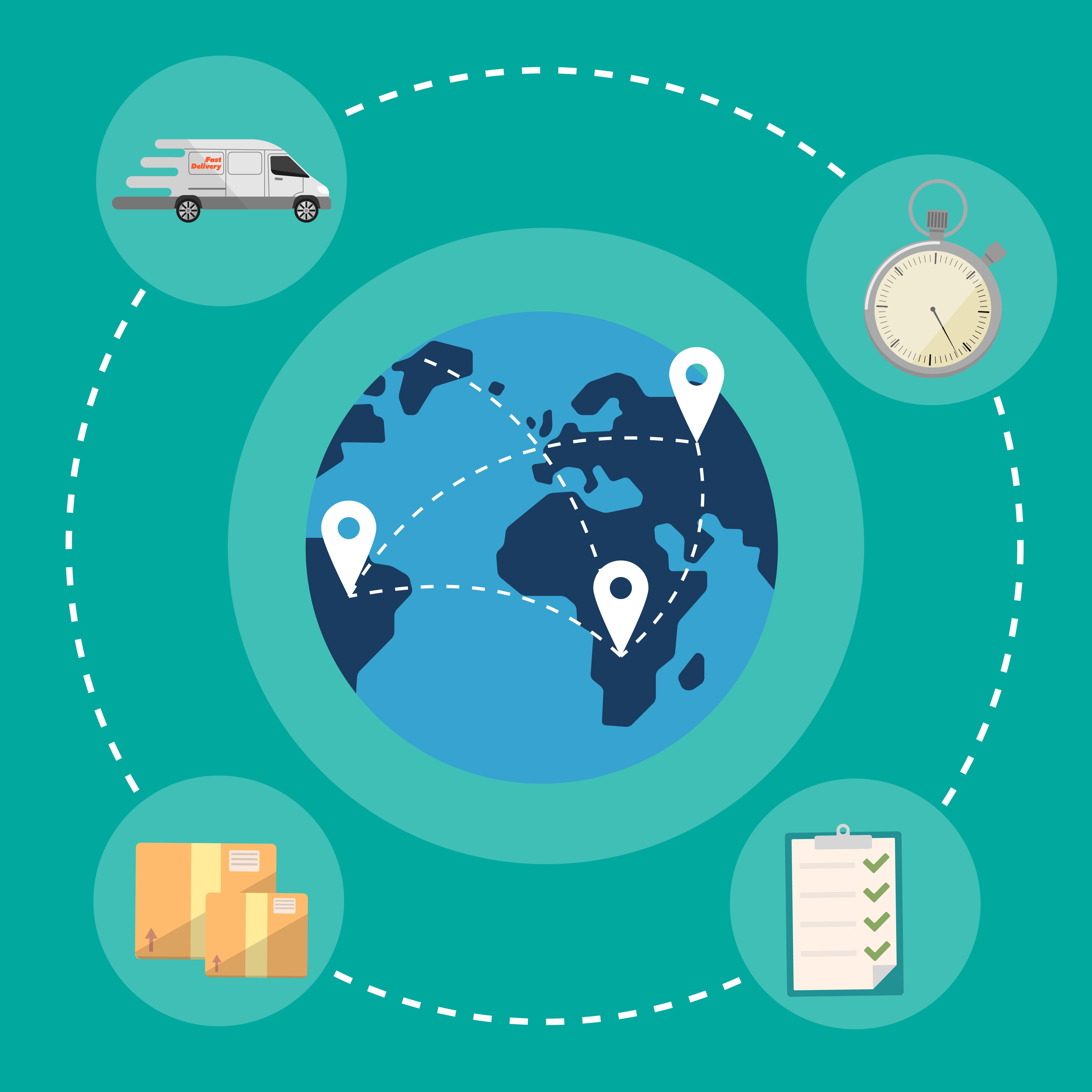 Fast delivery banner. Blue globe with routes.