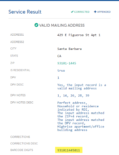 Example of abbreviated address return from Service Objects' address validation tool with barcode highlighted