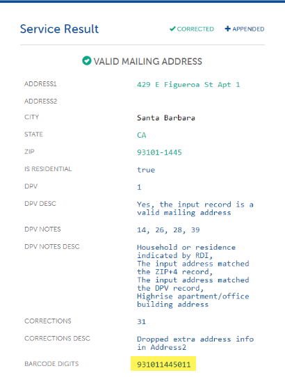 Example of full address return from Service Objects' address validation tool with barcode highlighted