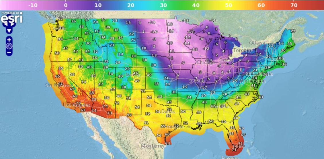 Weather map of the US with January 2019 Polar Vortex temperatures